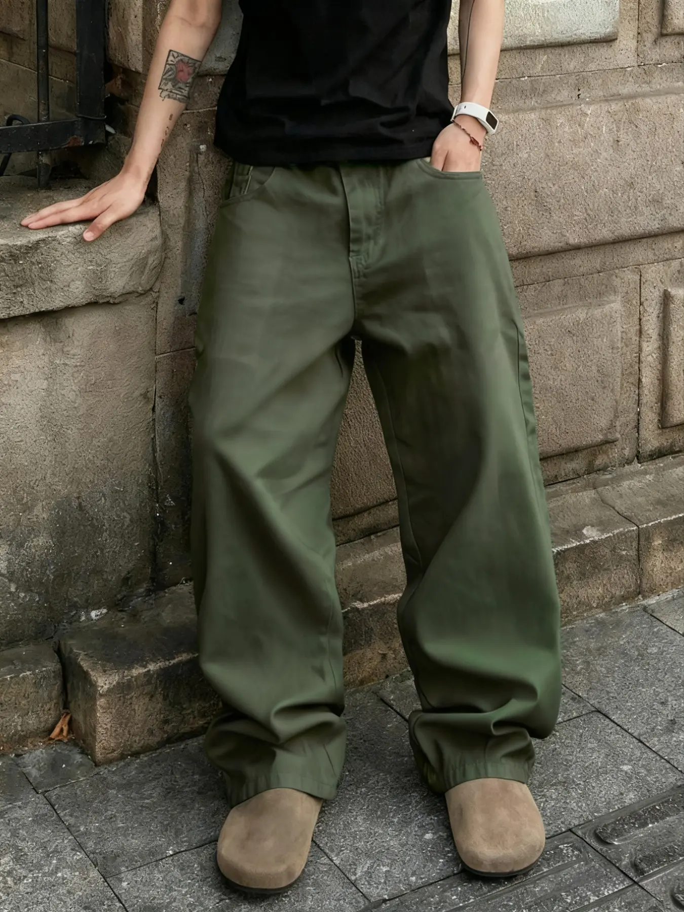 Men's Olive Baggy Straight Leg Jeans, Casual Minimalist Plain Wide Leg Pants, Soft Comfortable Loose Fit Long Trousers, No Belt Included