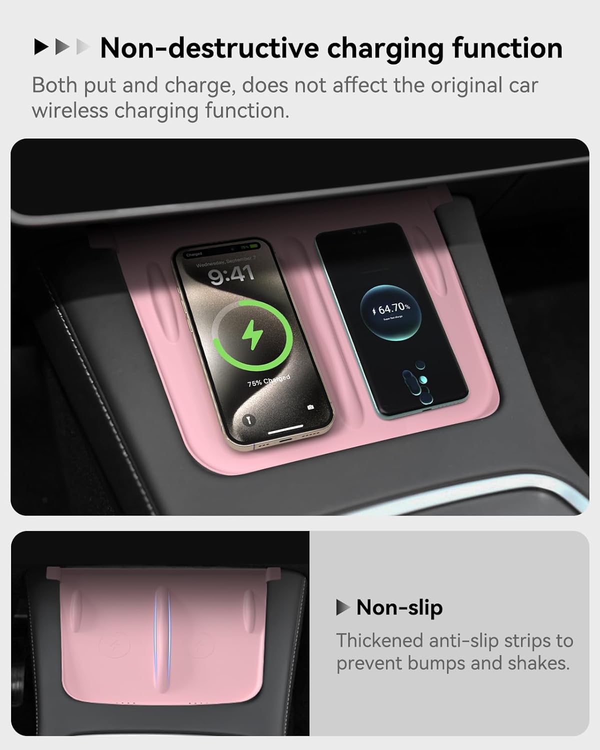 Center Console Wireless Charger Mat,Screen and Rearview Mirror Protector Frame,Anti-Slip Silicone Protector for Tesla 2021-2023 Model 3 and 2021-2025 Model Y Accessories(3 PCS Pink)