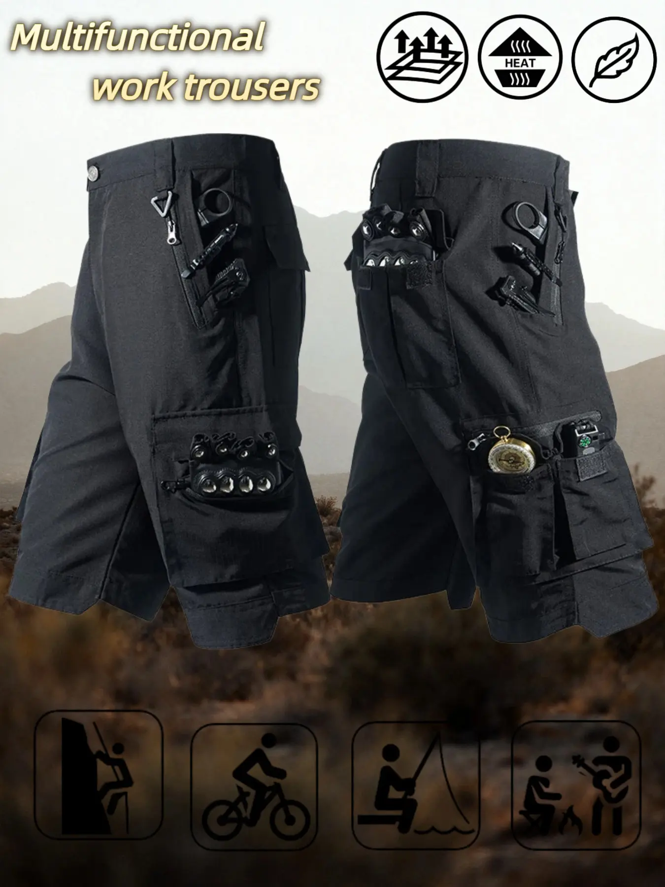 Men’s multi-pocket tactical work shorts, made from a slightly stretchy, hard-wearing fabric that fits snugly without feeling tight. Ideal for spring and summer outdoor camping, hiking and exploration, everyday commuting, mountaineering, fishing, hiking ad