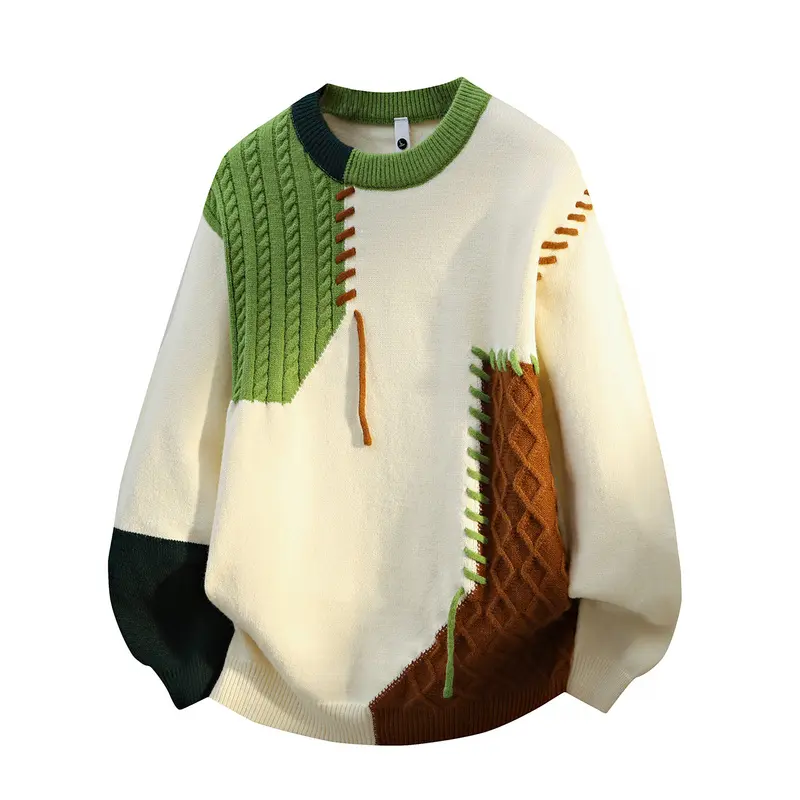 Men's Crew Neck Color Block Patchwork Knit Sweater, Hand Stitch Seam Detail, Multi Texture Cable Knit Splicing, Drop Shoulder Loose Fit, Soft Thick Knit Pullover For Spring Autumn Daily Outfits # FallVibes