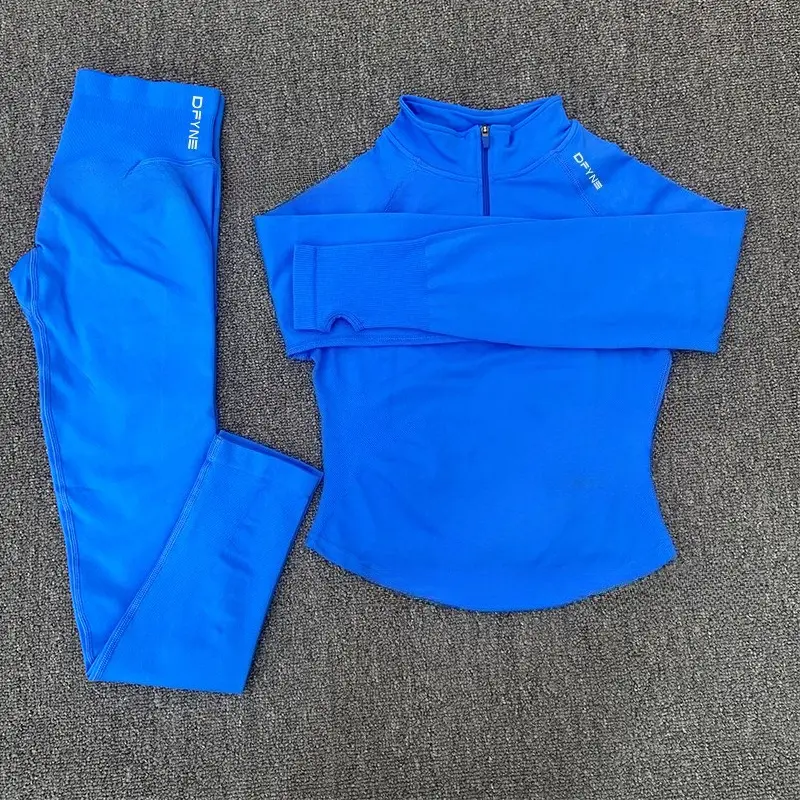DFYNE Women's Seamless Quarter Zip Workout Set, Matte Pullover Top & High Waisted Tummy Control Leggings, Sculpting Gym Outfit for Yoga Pilates Running Fitness, Matching Activewear Set