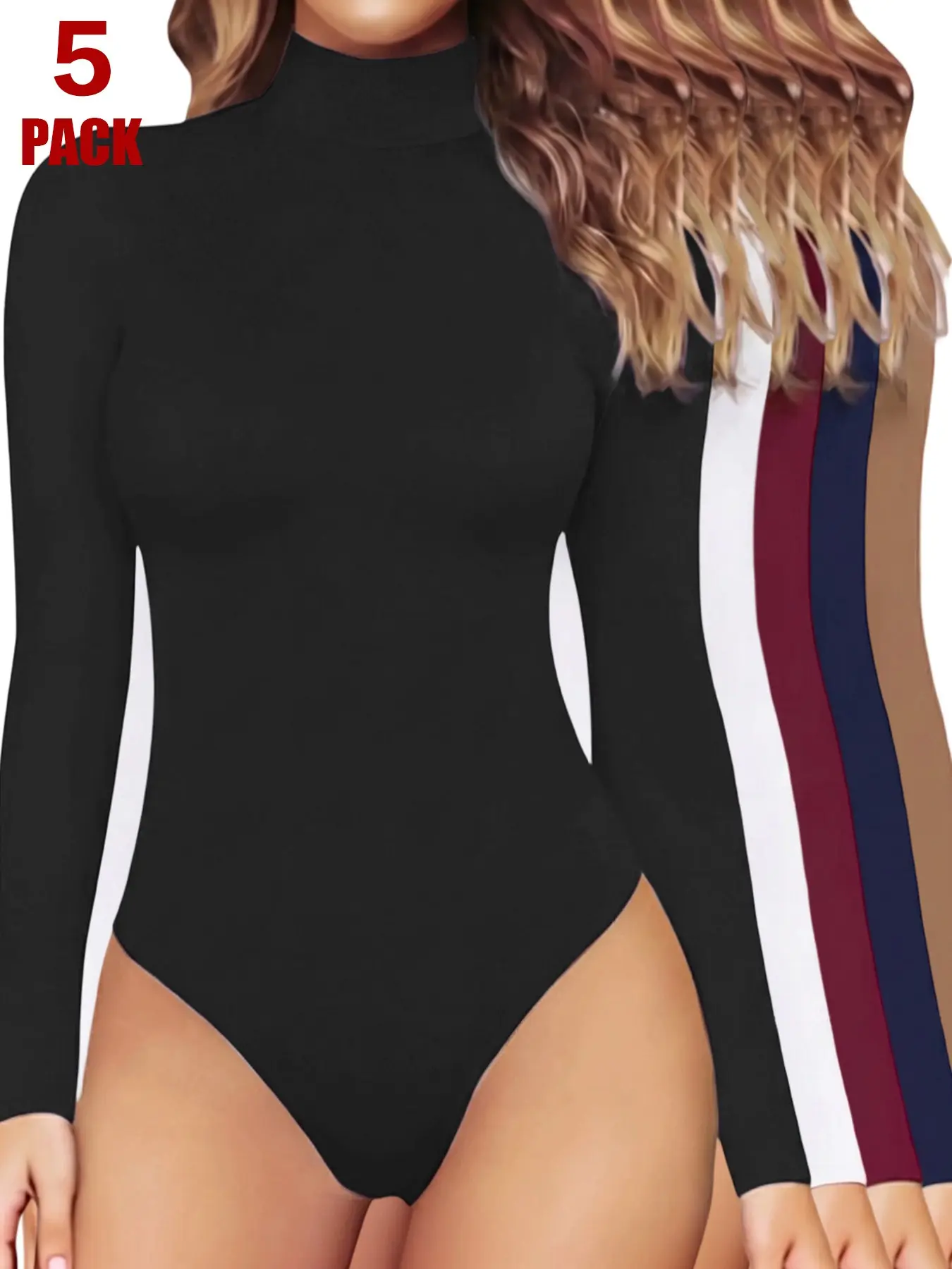 2026 Fall Minimalist 5 Pack Turtleneck Bodysuit, Slim Fit Cinched Waist, Breathable Long Sleeve Jumpsuit, Office Layering Top
