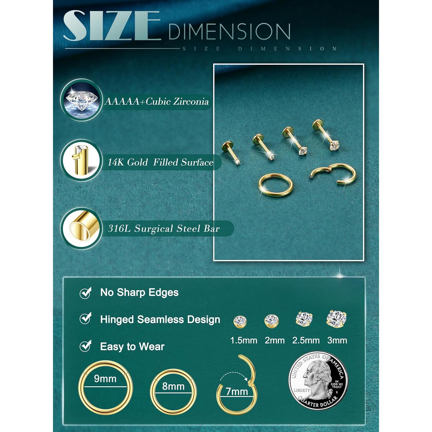 14K  Filled Flat  Nose Studs For Women Men  Surgical Steel Nose Rings Hoops- Threadless Flat  Earrings Helix Cartilage Tragus Conch CZ Stud Labret Lip Nostril Septum Ring  Piercing  20G 18G 16G