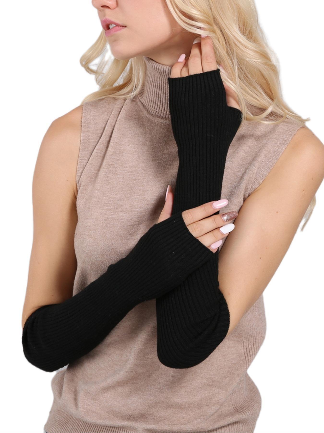 Women's Arm Warmers, Knit Cashmere Wool Blend Long Fingerless Gloves for Fall & Winter, Casual Plain Design, Moderate Fabric Thickness