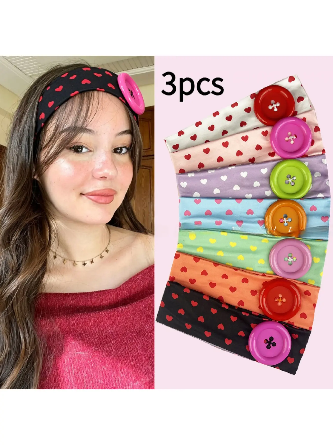 Women's wide elastic headband with polka dot heart print, large button decorated non-slip elastic hairband, soft facial makeup, yoga, and summer hair accessory with dopamine style