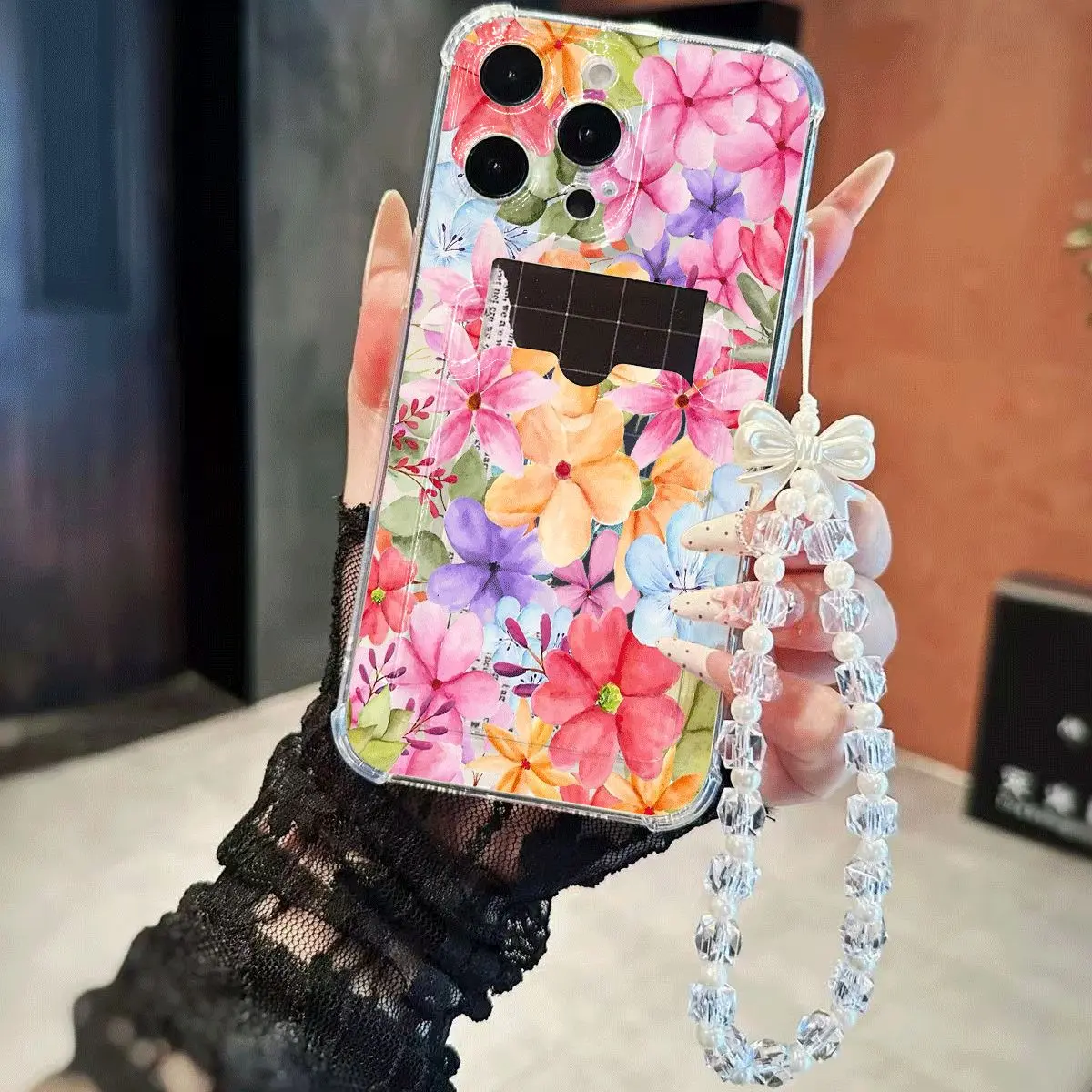 Vibrant Watercolor Floral Protective Phone Case with Beaded Charm & Lanyard Durable TPU Protector Shockproof Cover for iPhone11-17promax