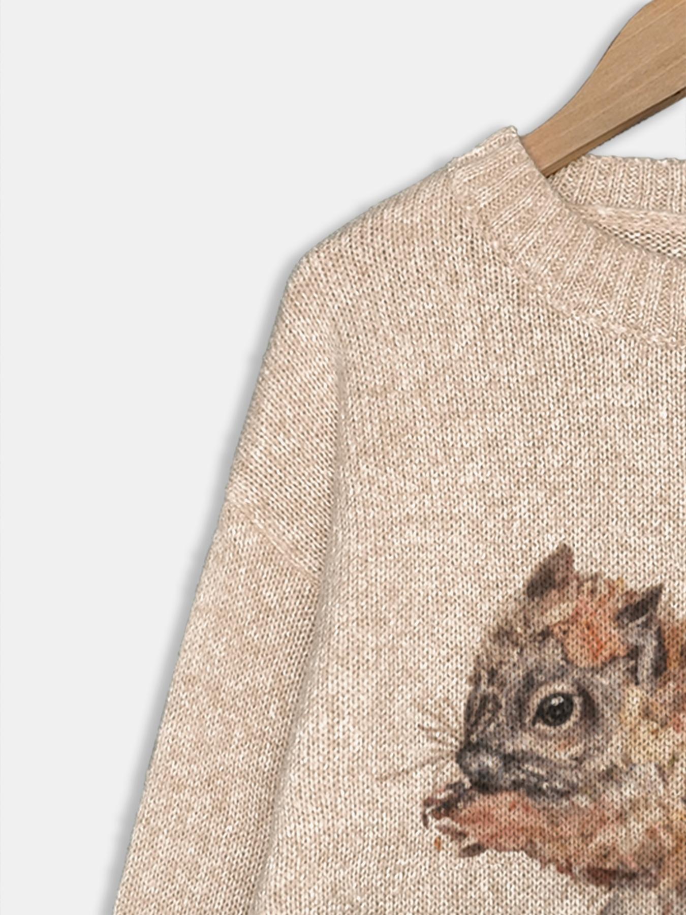 Women's Round Neck Cartoon Squirrel Print Sweater Knitwear, Loose-Fit Casual Knitted Pullover for Fall & Winter, Comfortable Daily Wear