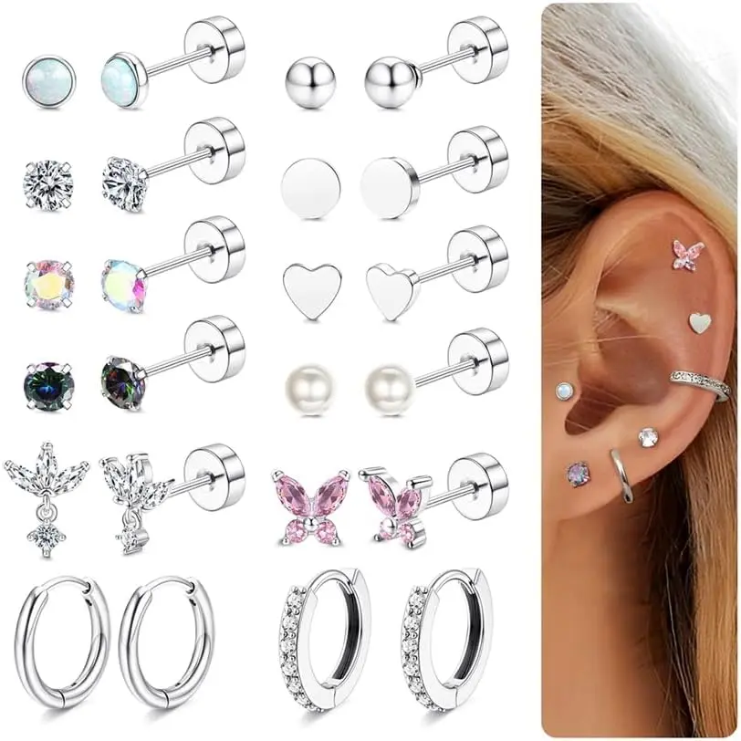 12 Pairs Flat  Earrings for Women Conch Helix Cartilage Hoop Earrings Stainless Steel Earrings Set for Multiple  18K  Plated Opal Ball CZ Flat  Stud Earrings