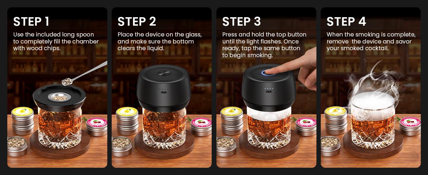 Electric Whiskey Smoker Kit: Rechargeable Cocktail Smoker for Old Fashioned & Bourbon Drinks with Built-in Lighter, No Butane Needed, 6 Wood Chips, Christmas Whiskey Gift for Men, Dad, Husband