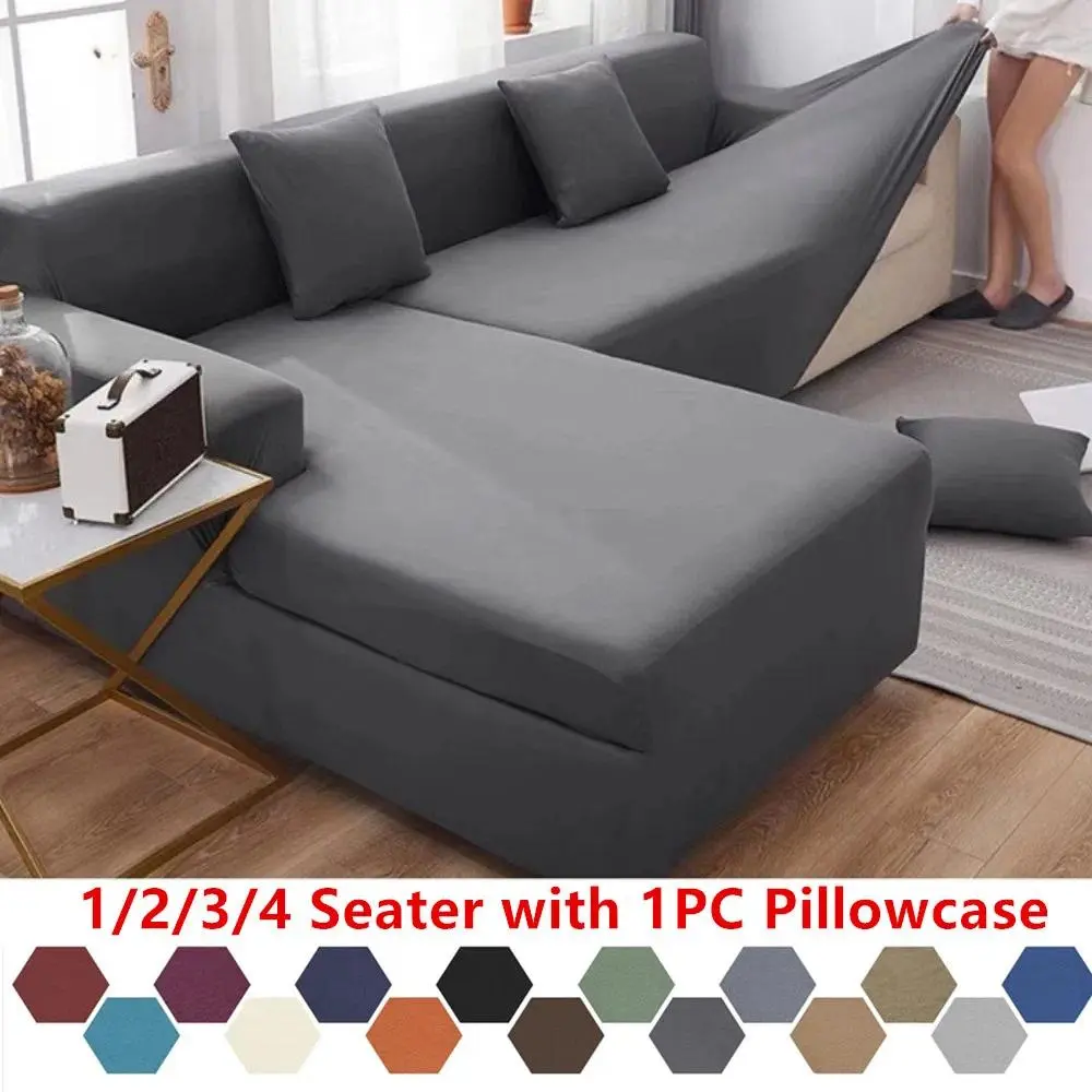 Stretch Solid Color Elastic Sofa Covers, Wrinkle-Resistant Couch Slipcovers for Home Living Room Sectional L-Shaped Corner/Chair Protector (1/2/3/4 Seater, Ideal for Hotel, Celebration, Wedding Reception)