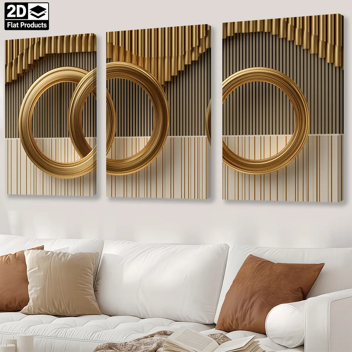 Three-piece set - Canvas - Triptych with golden circles and layered golden neutral stripes - Affordable room - Kitchen - Hanging - Autumn clearance - Wall painting - Poster - Autumn - Room - Bathroom - Wall art - Bedroom - Home decoration -Canvas Wall Art