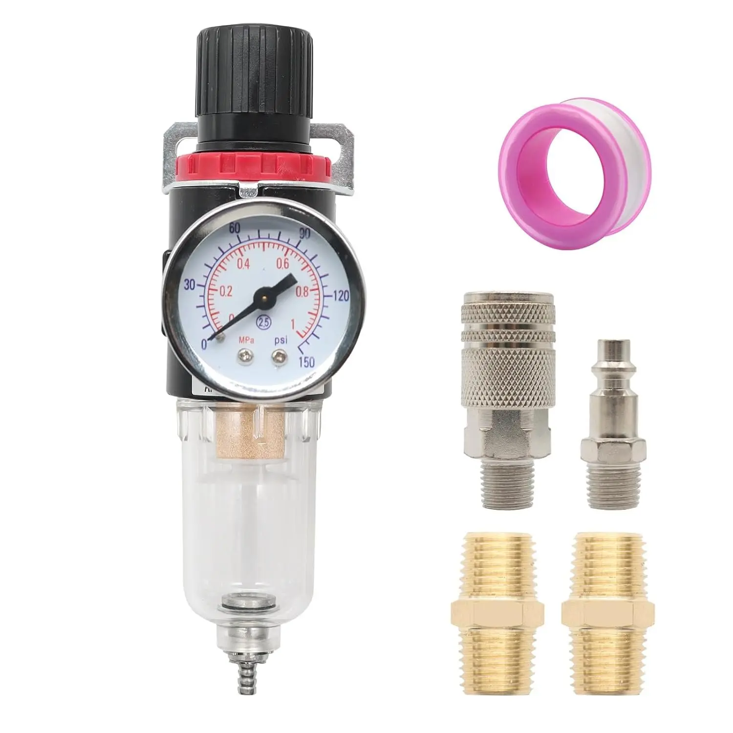Pneumatic 1/4 Inch NPT AFR2000 Air Compressor Filter Regulator Combo, Water Oil Separator with  Gauge, Manual Drain, Brass  and Bracket