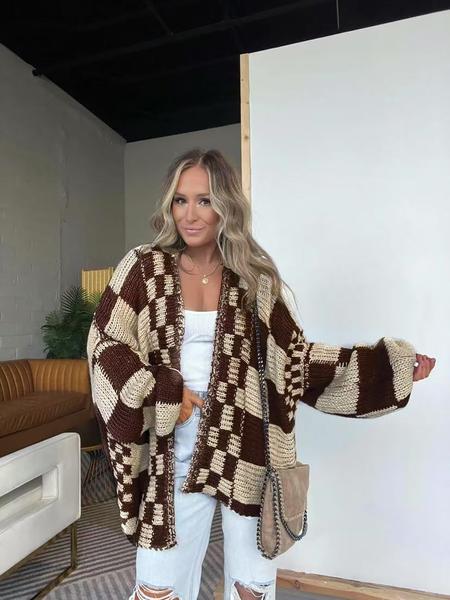 Women's Plaid Knit Cardigan, Lantern Sleeve Loose-Fitting Sweater, Casual Fall & Winter Fashion, Unique Design, New Arrival