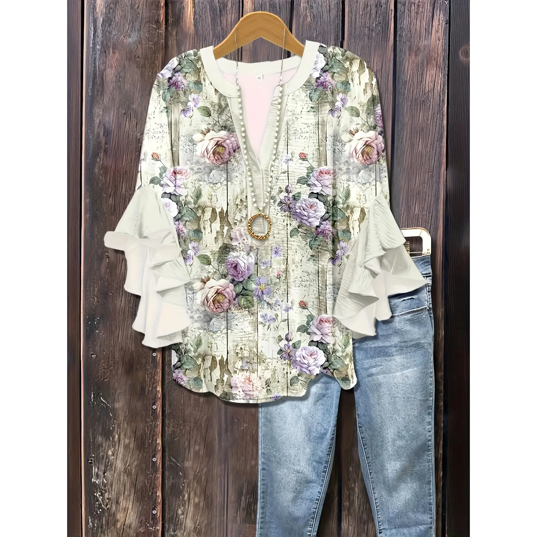 Plus Size - Plus Size - Elegant Floral Print Plus Size Top, Casual V-Neck Loose Blouse, Ruffled Sleeve Patchwork Plus Size Top