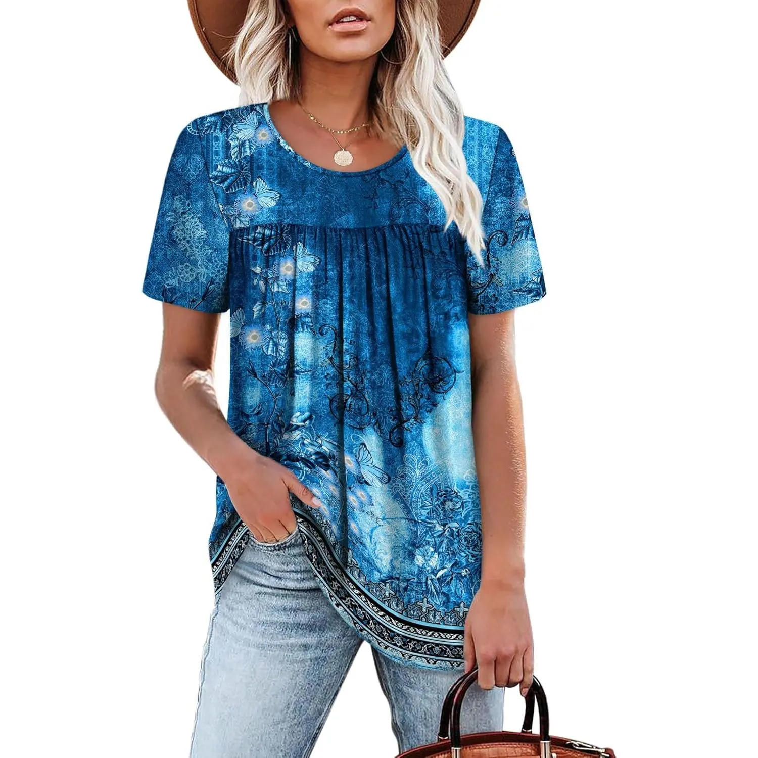 Womens Tops Short Sleeve T Shirts Pleated Dressy Casual Round Neck Summer Clothes Outfits Blouses Loose Fit
