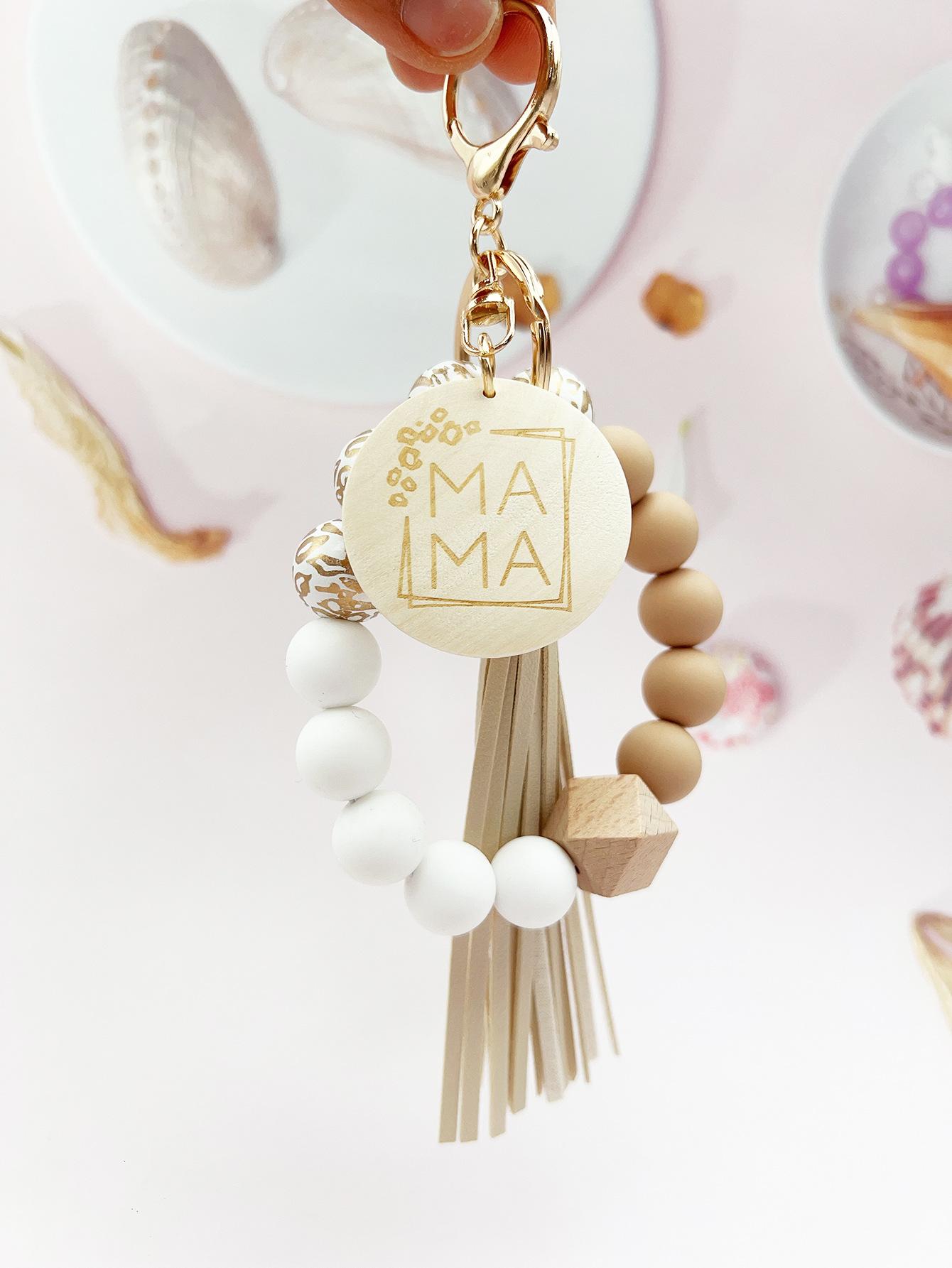 Wrist keychain, bag pendant, key ring, silicone bead bracelet, tassel, wooden beads, MAMA wood piece