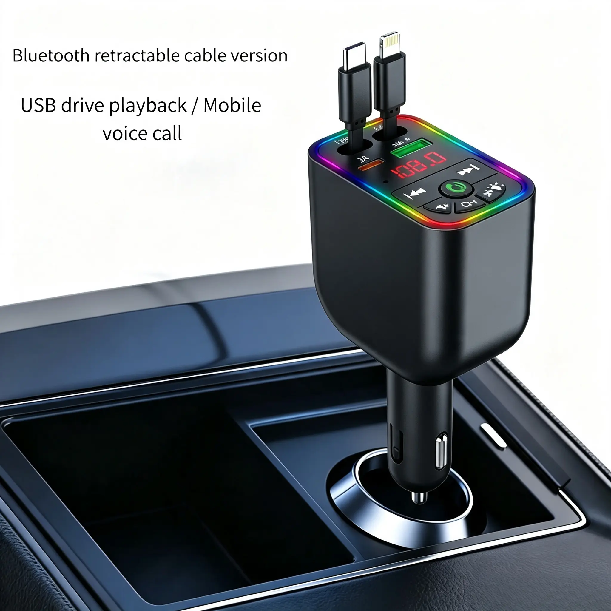 5-in-1 Bluetooth FM Transmitter with Retractable Fast Charging PD Cable, Car Cigarette Lighter Charger Adapter, Hands-Free Calling & MP3 Player Accessory
