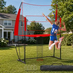 8x11FT Volleyball Training Net System - Adjustable Height Portable Bouncy Net with Ball Return Catching Sock for Backyard Indoor Serving Spiking Practice