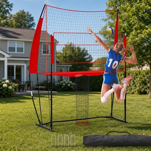 8x11FT Large Size Volleyball Training Net System, Heavy-Duty Iron & PE Net, Adjustable Height Tracking System, Portable Setup, Automatic Ball Return Sock, Indoor/Backyard Volleyball Gear for Solo Practice Spiking