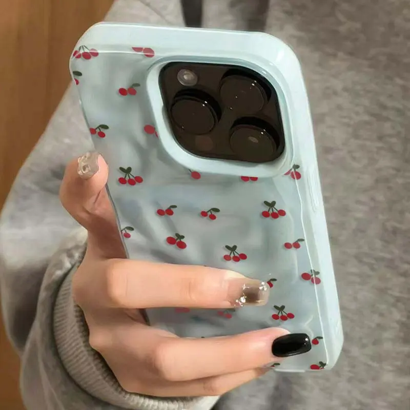 Phone Case - Cute Cartoon Red Cherry Foldable Texture Phone Case for Iphone 11 12 17Air 13 14 15 16 17 Pro Max Cover for Iphone 14 15 16 Plus Stylish Shockproof TPU Soft Cover