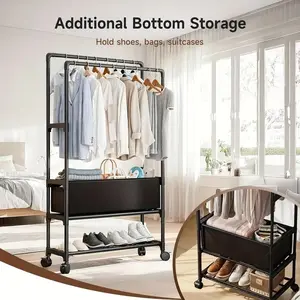 Multifunctional Freestanding Metal Coat Rack with Storage Baskets, Wheels & Shoe Rack, Space-Saving Home Organizer for Entryway & Bedroom