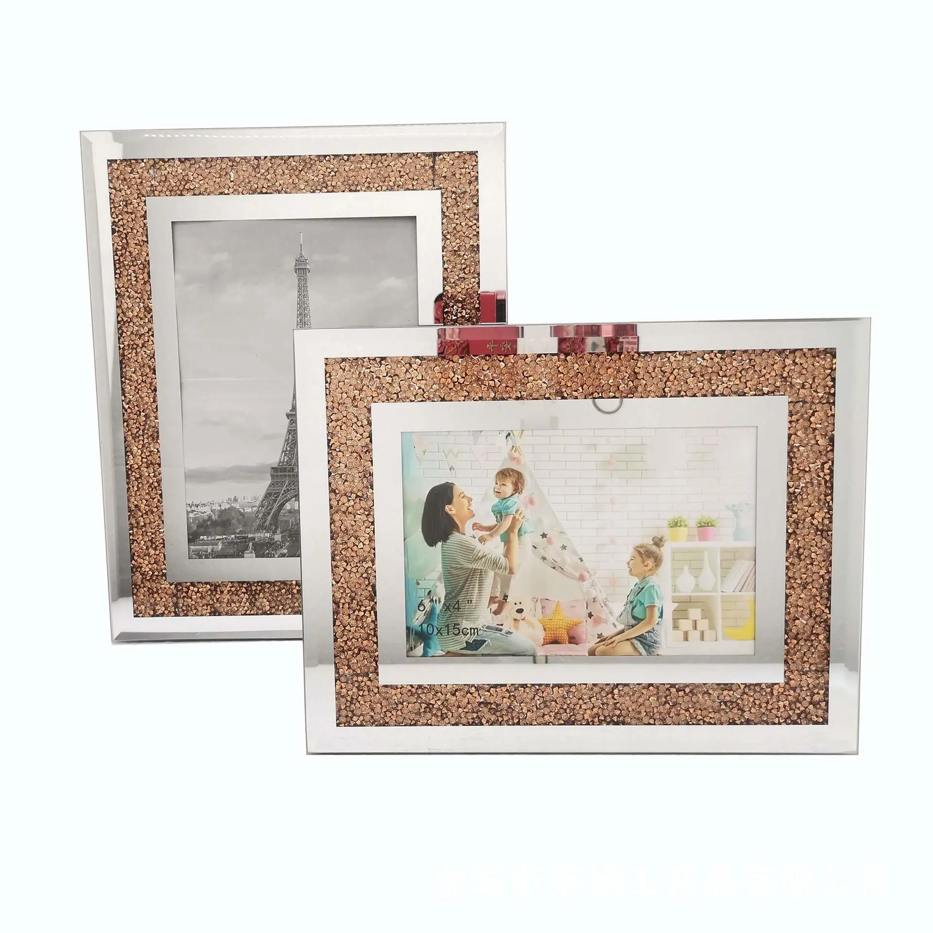 Glass Frame Diamond Decoration Counter Display Desktop Mirror Photo Frame, Elegant Furniture Accent, Modern Home Decor Item
