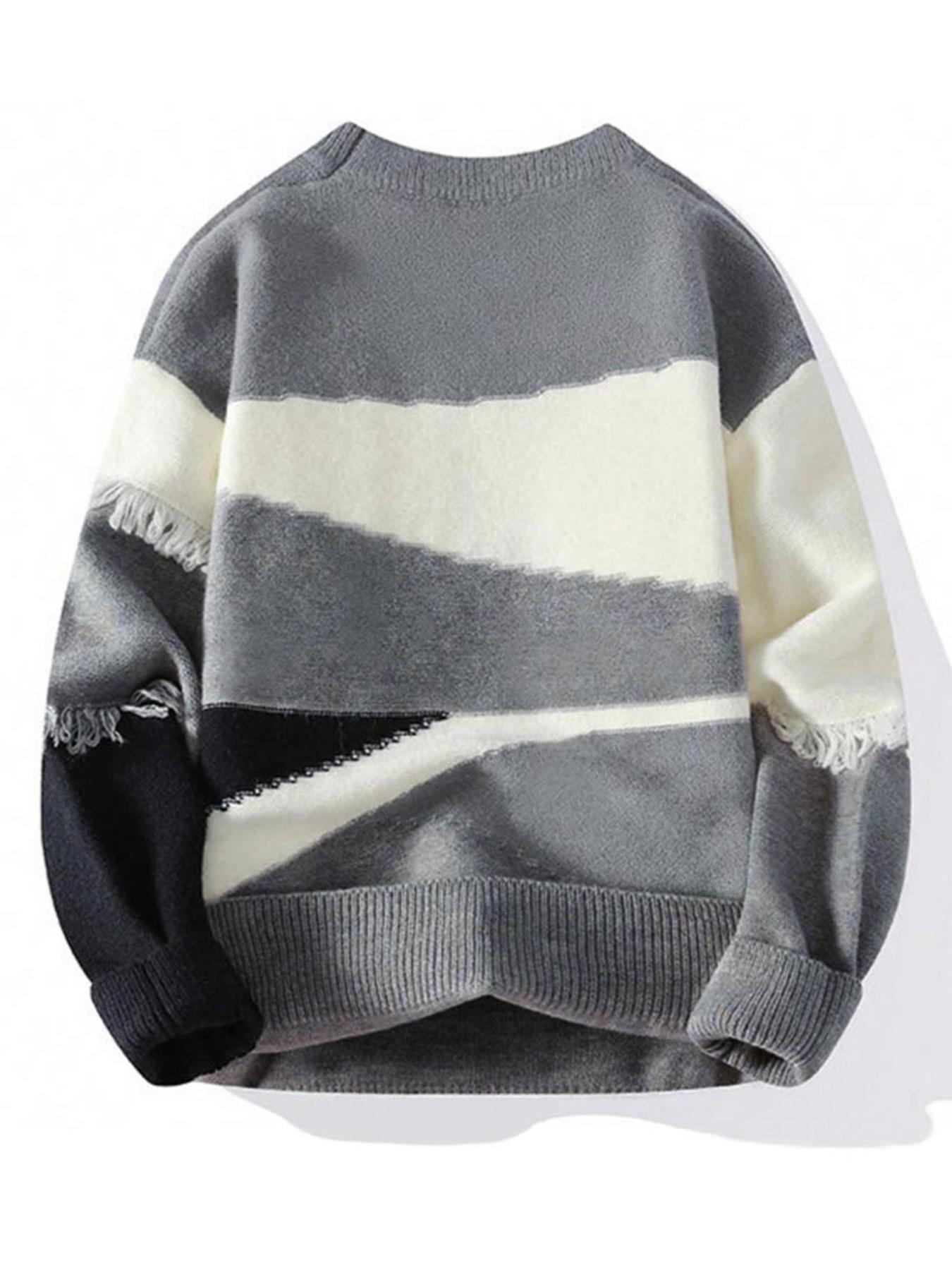 Men's Patchwork Color Block Pullover Sweater, Stylish Casual Crew neck Drop Shoulder Long Sleeve Knitted Top,Unisex Ripped Design Fashion Fall Winter Inside Top Soft Warm Sweatshirt Daily Life, Trendy Men's Outdoor Going Out Warm Jacket Knitwear