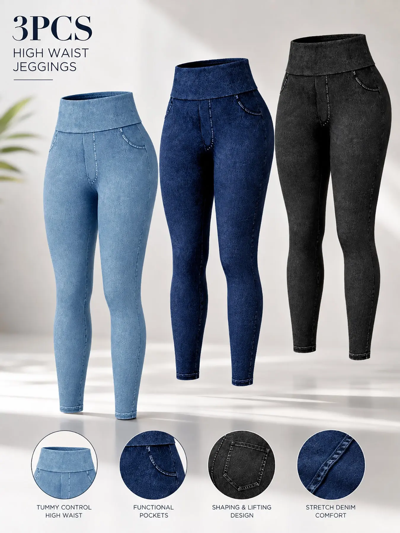 Jeans 3-Pack Set, Stretch Jeans, Sporty Casual Fashion, Versatile High-Waisted Retro Denim Bottoms, Comfortable and Stylish, Perfect for Daily Wear