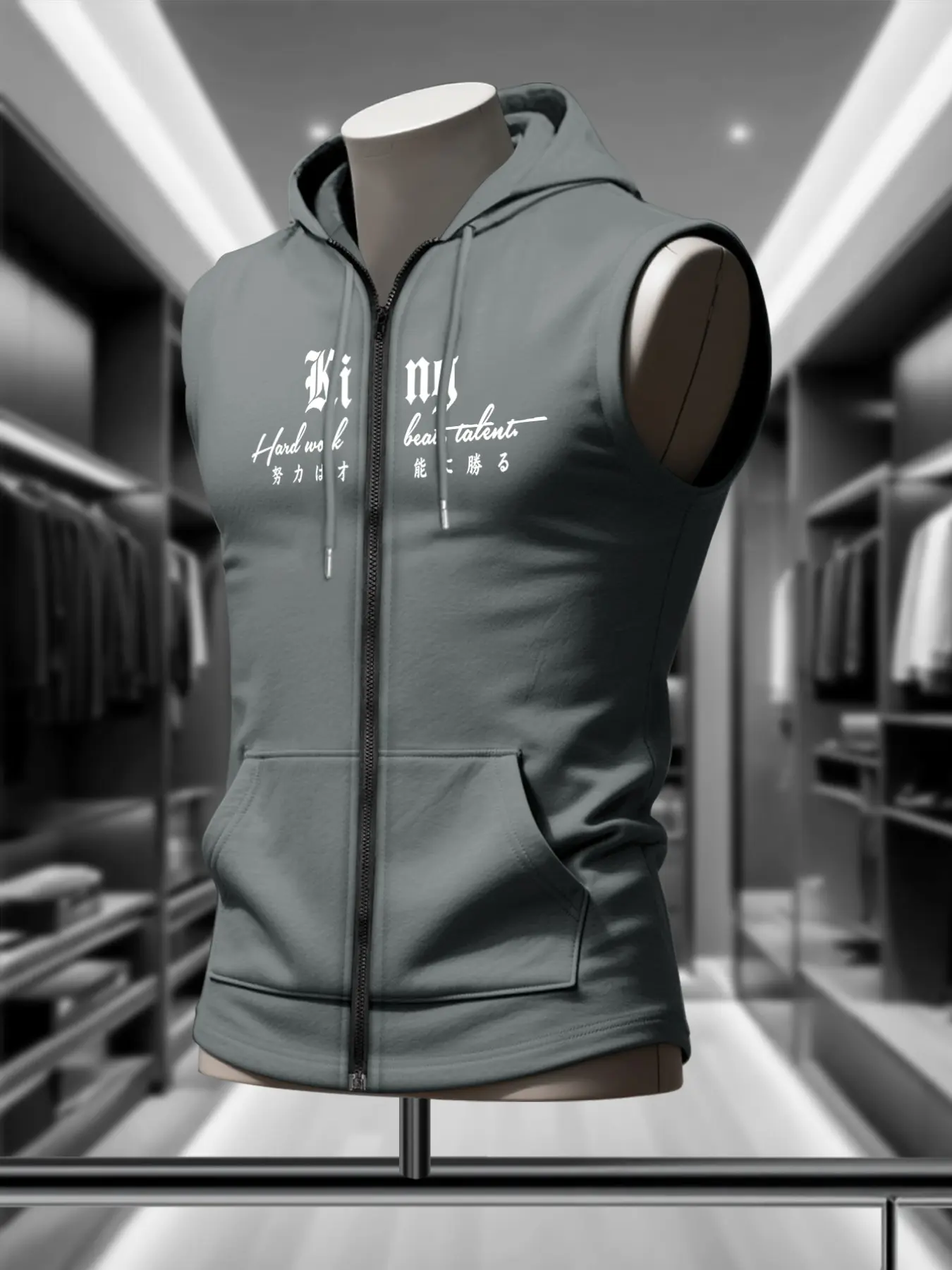 Trendy Men's Summer Top, Zipper Hooded Vest, Casual Gym Tank Top, Motivational Text Print, Gothic Font, Japanese Style Design