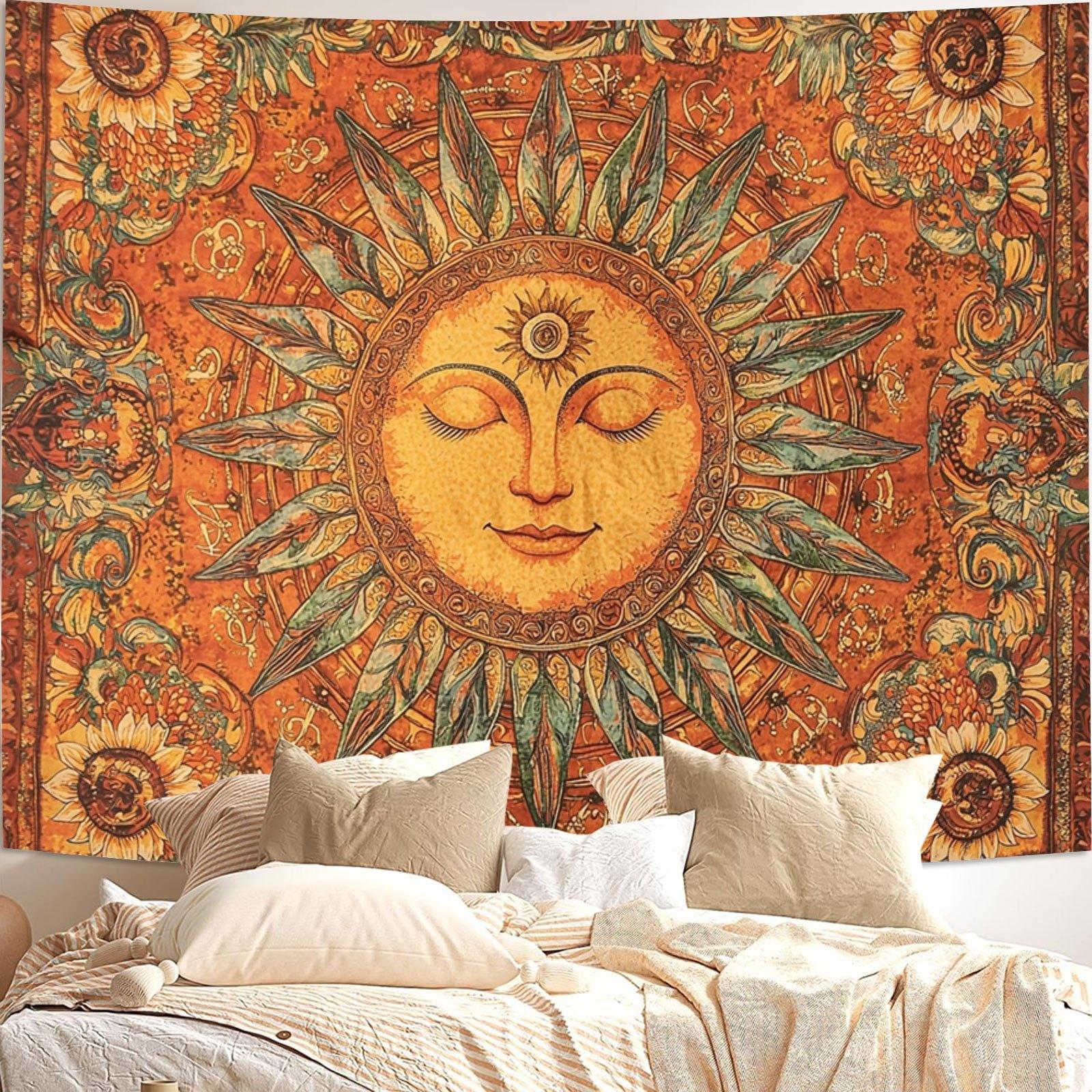 Vintage Bohemian Sun and Moon Tapestry |   Closed-Eye Smiling Sun Wall Hanging, Aesthetic Boho Decor for Living Room Bedroom Dorm, Multi-Functional Indoor Outdoor Art