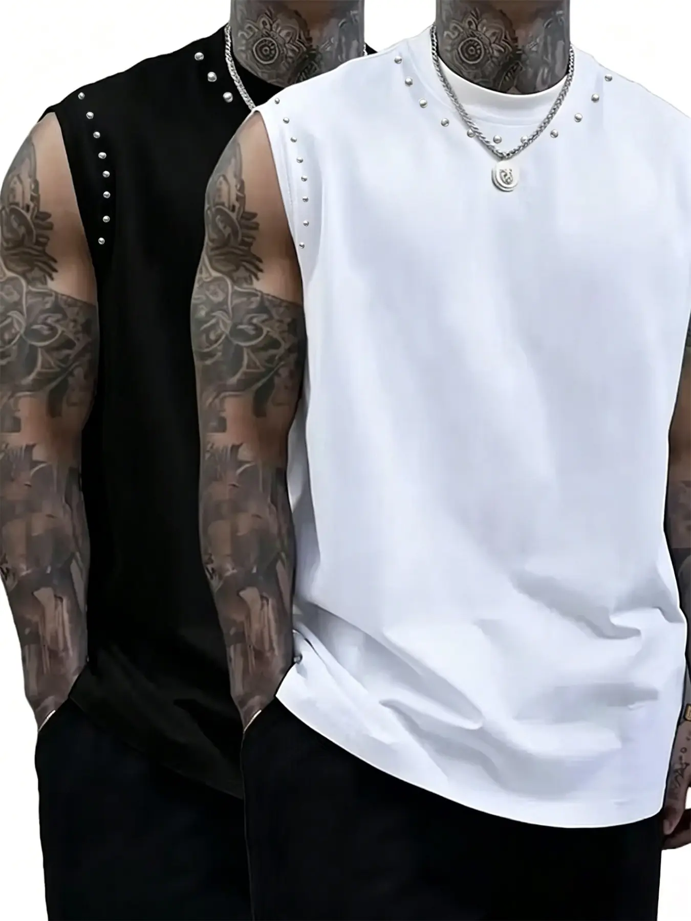 Men's 2-Pack Silver Color Rivet Vest Set, Loose-Fit Sleeveless Sportswear, Breathable Compression Wear, American Y2K Punk Style, Sports Singlet