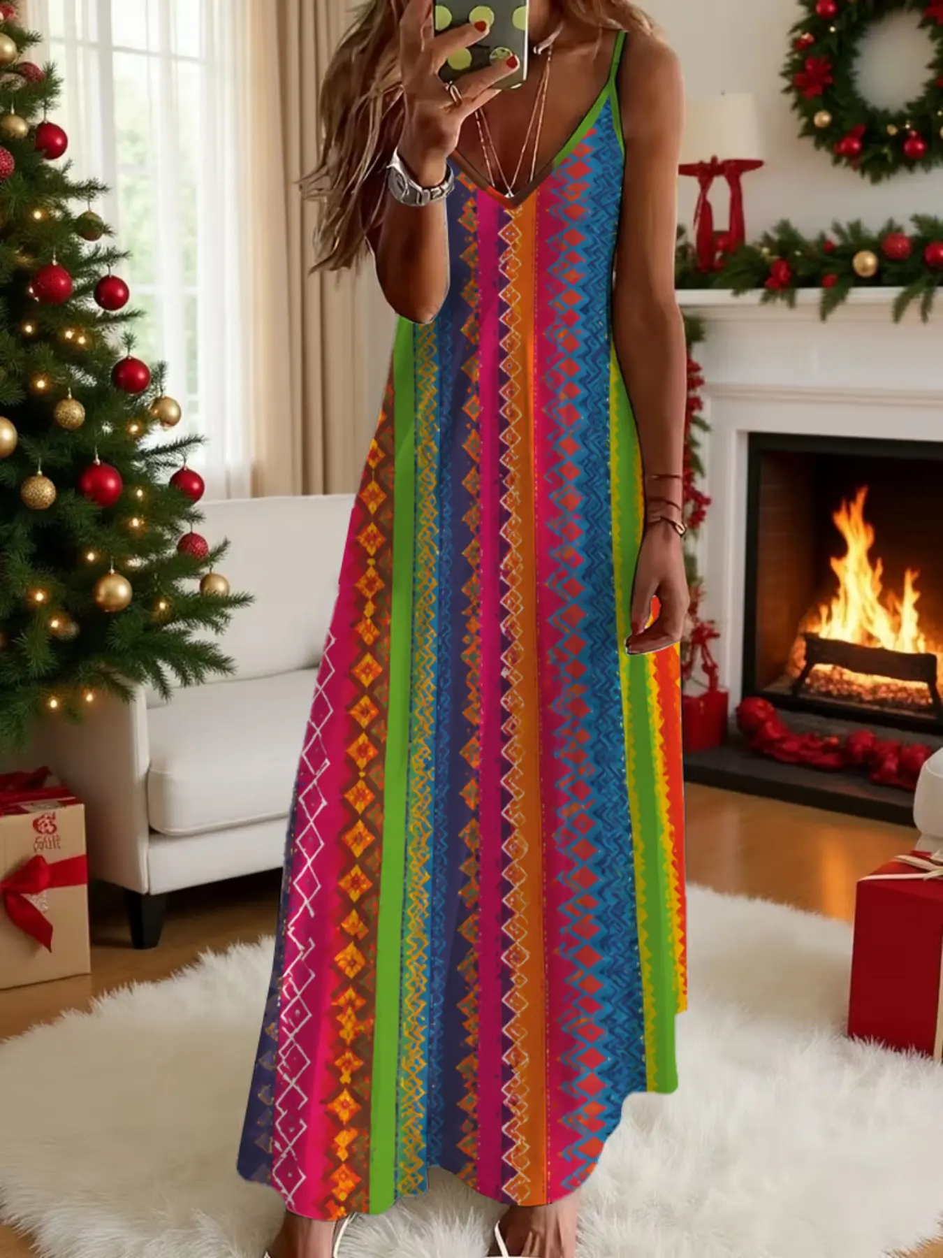 Vintage Ethnic Rainbow Geometric Dress, V Neck Strappy Long Dress, Loose-Fit Sleeveless Maxi Dress, Summer Beach Vacation Casual Dress, Bohemian Beach Dress