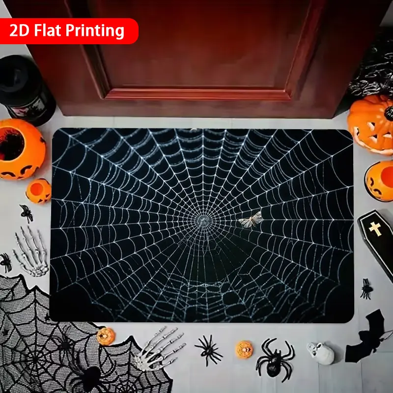 Flannel Floor Mat 1-piece, 2D flat printing, Gothic spider web entrance mat, non-slip, machine washable, easy to clean polyester carpet, suitable for home and outdoor decoration, ideal for entryways, bedrooms, balconies, gift home decor item