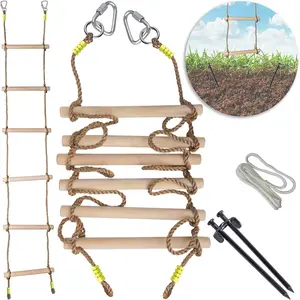 Wooden Rope Ladder for with Ground anchoring -  Outdoor or Indoor Climbing Rope Ladder for Ninja , Backyard, Playground, Home Gym, Park,