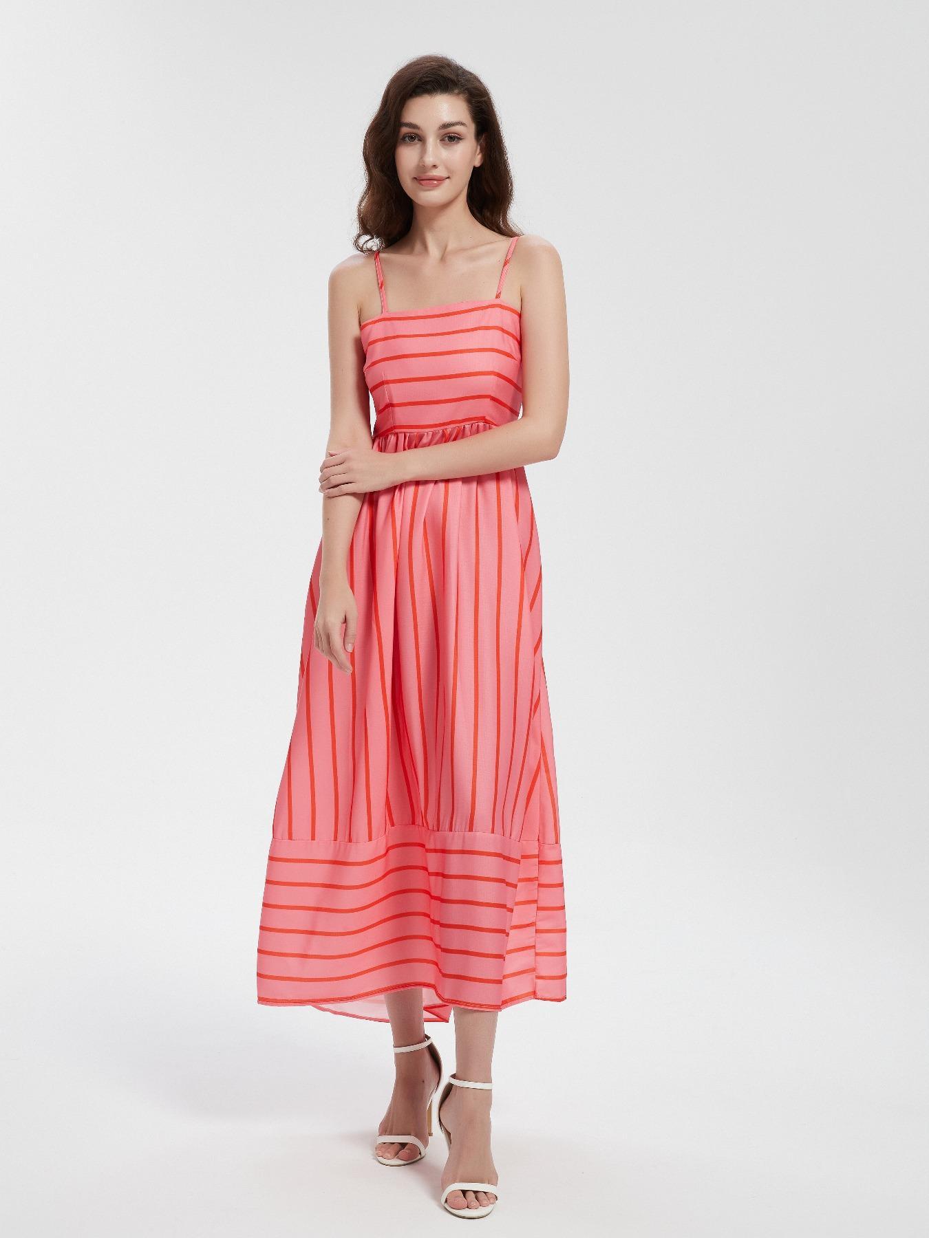 Women's Striped Print Cami Spaghetti Strap Sleeveless Dress, Fashion Casual Long Dress for Daily Outdoor Wear, Ladies Dress for Summer