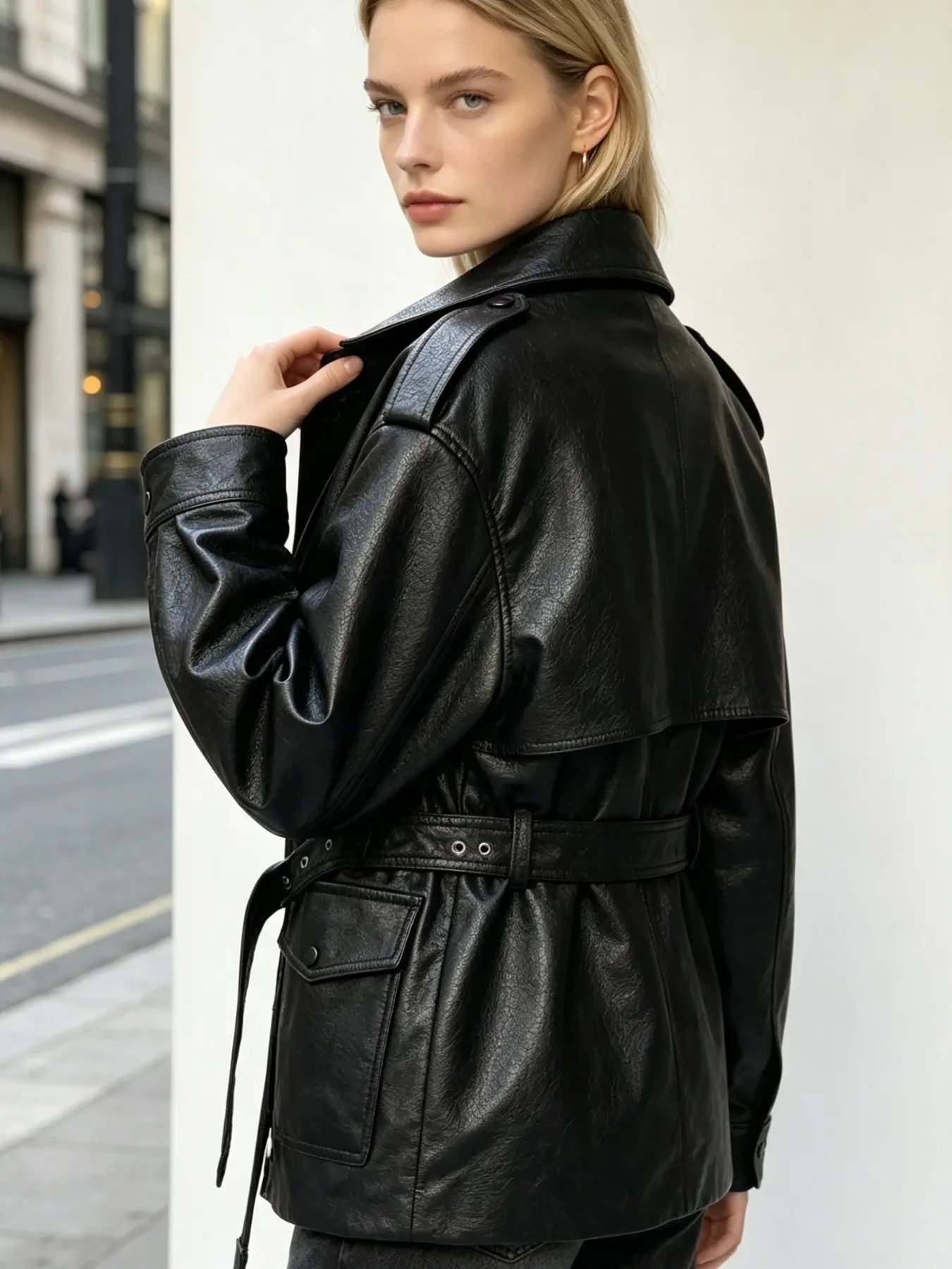 Vintage Style Women's Coat, Lapel Collar Shoulder Patch Design, Waist Belt, Multiple Pockets, Mid-Length, Commuter Jacket