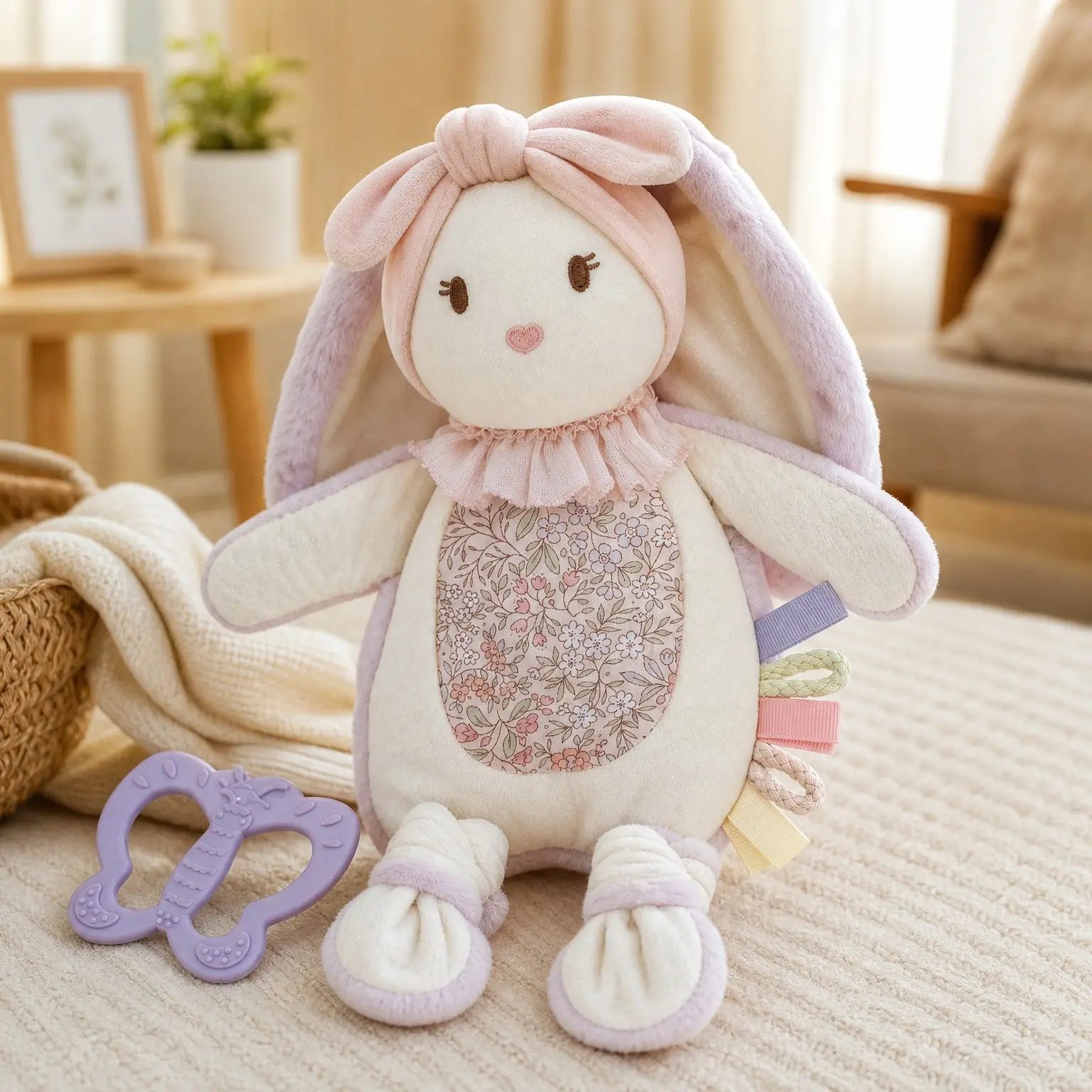 Bunny Baby Lovey Security Blanket with Silicone Teether, Textured Ribbons, Crinkle Toys, Soft Minky Velour & Natural Cotton, Newborn Girl Gift for Baby Shower or Birthday(Gift)