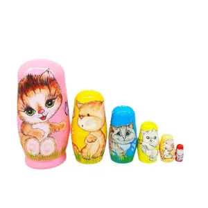 6-Layer Pink Wooden Cat Russian Nesting Dolls, Hand Painted Nested Set Stacking Doll Toys for Shelves Party