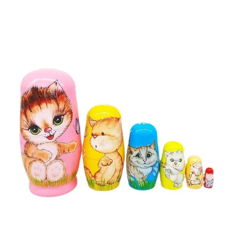 6-Layer Pink Wooden Cat Russian Nesting Dolls, Hand-Painted Nested Stacking Doll Toys for Shelves, Party Decorations, Suitable for 3+ Years Old, No Battery Needed