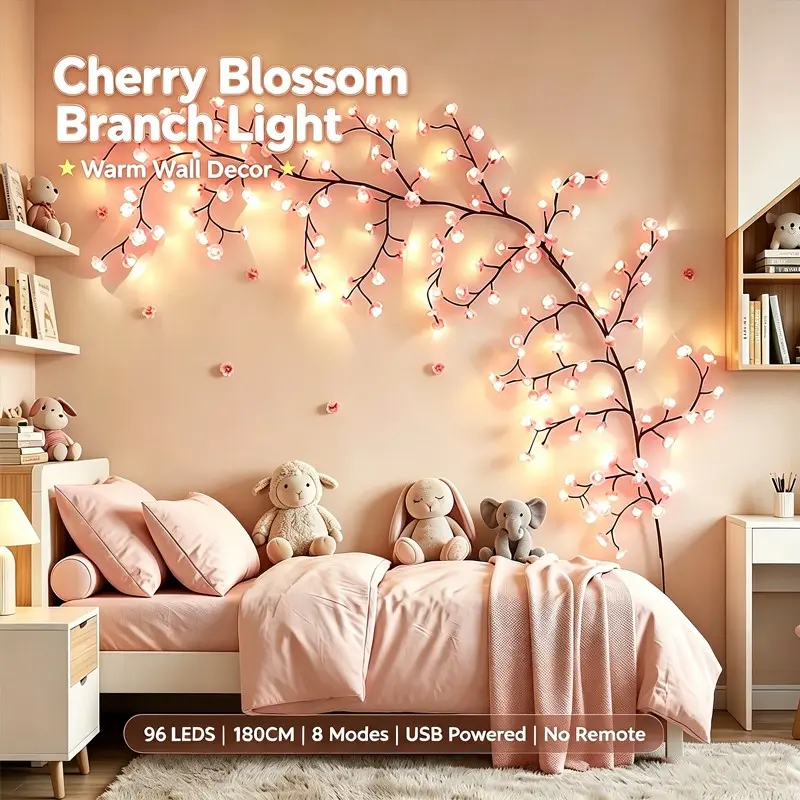 96/36-Light Cherry Blossom Vine String Lights，8 Flashing Modes, 150/180cm，freely bendable，Powered USB，DIY, Indoor Ambient Decorative Lights, Suitable for Bedroom, Living Room, Walls, Parties, Festivals, Valentine's Day (shipped without batteries)