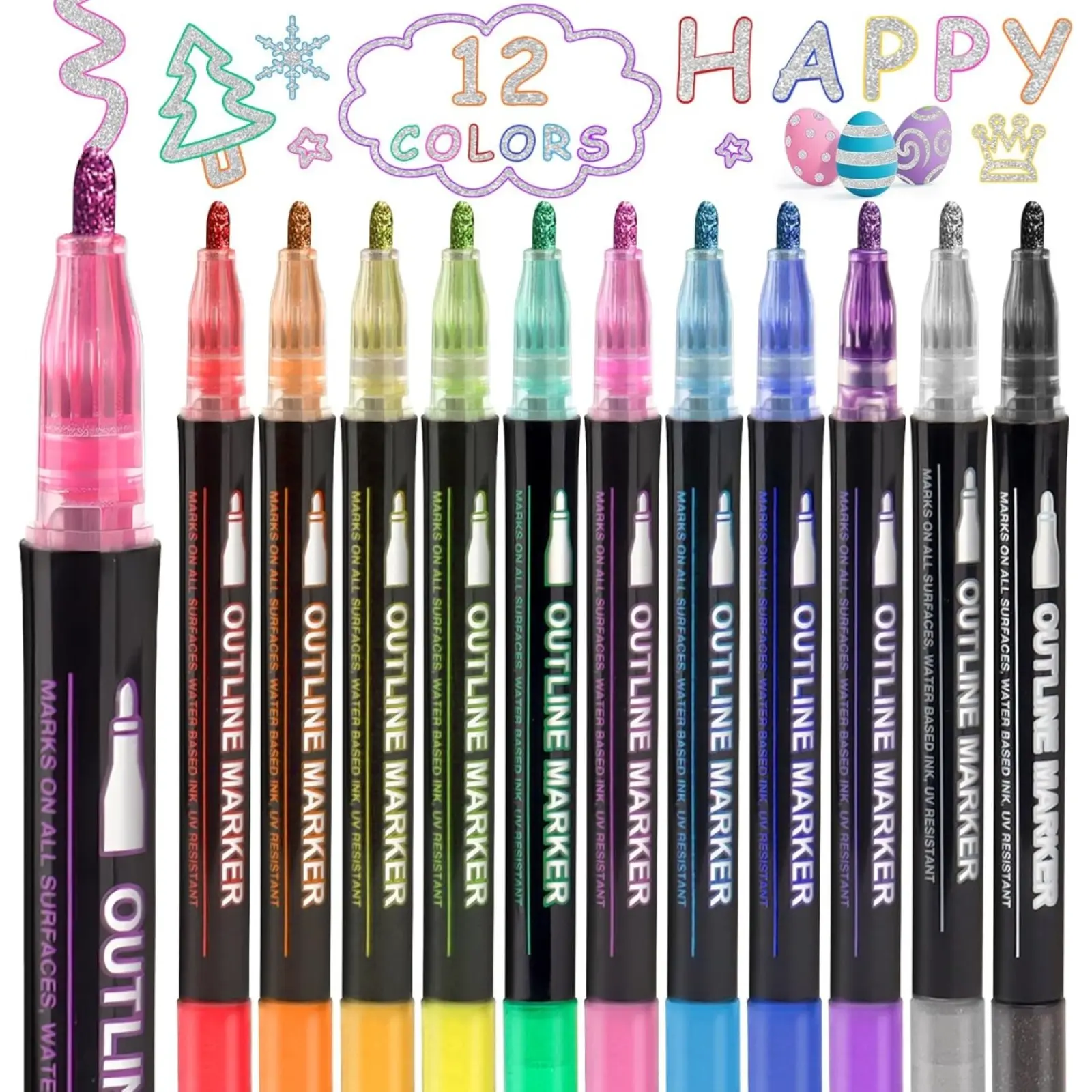 12 Pack Double Line Outline Markers, Metallic Colors ,Craft Markers for Drawing, Doodling, Card Making and DIY Projects