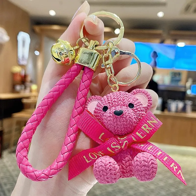 Cute 3D Teddy Bear Keychain for Bags with Bell and Woven Strap, Perfect Gift for Women Girls, Valentine's Day/birthday Present, Adorable Animal Accessory