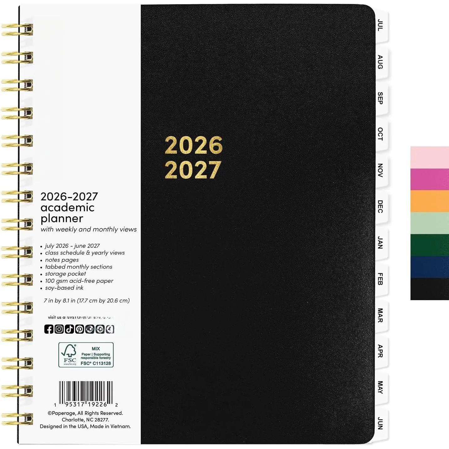 Academic Planner, Weekly & Monthly Planner & Calendar, 12-Months, July 2026 - June 2027, (7" x 8"), School & Student Planning Agenda with Tabs, Bonus Pages & Inner Pocket, Black