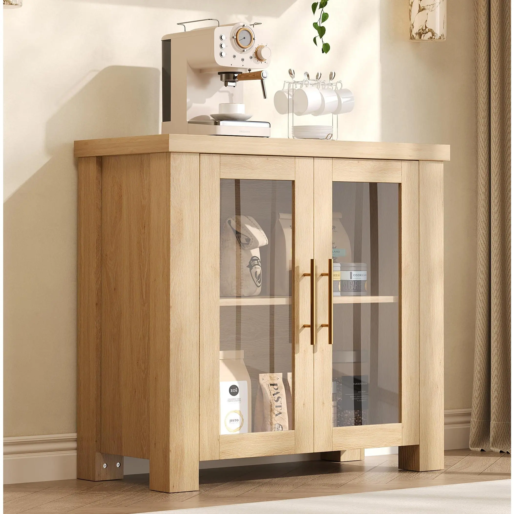 31.5" Wide Modern Wooden Sideboard Buffet Cabinet, Credenza with 2 Tempered Glass Doors & Spacious Storage Shelves for Kitchen Dining Room Living Room