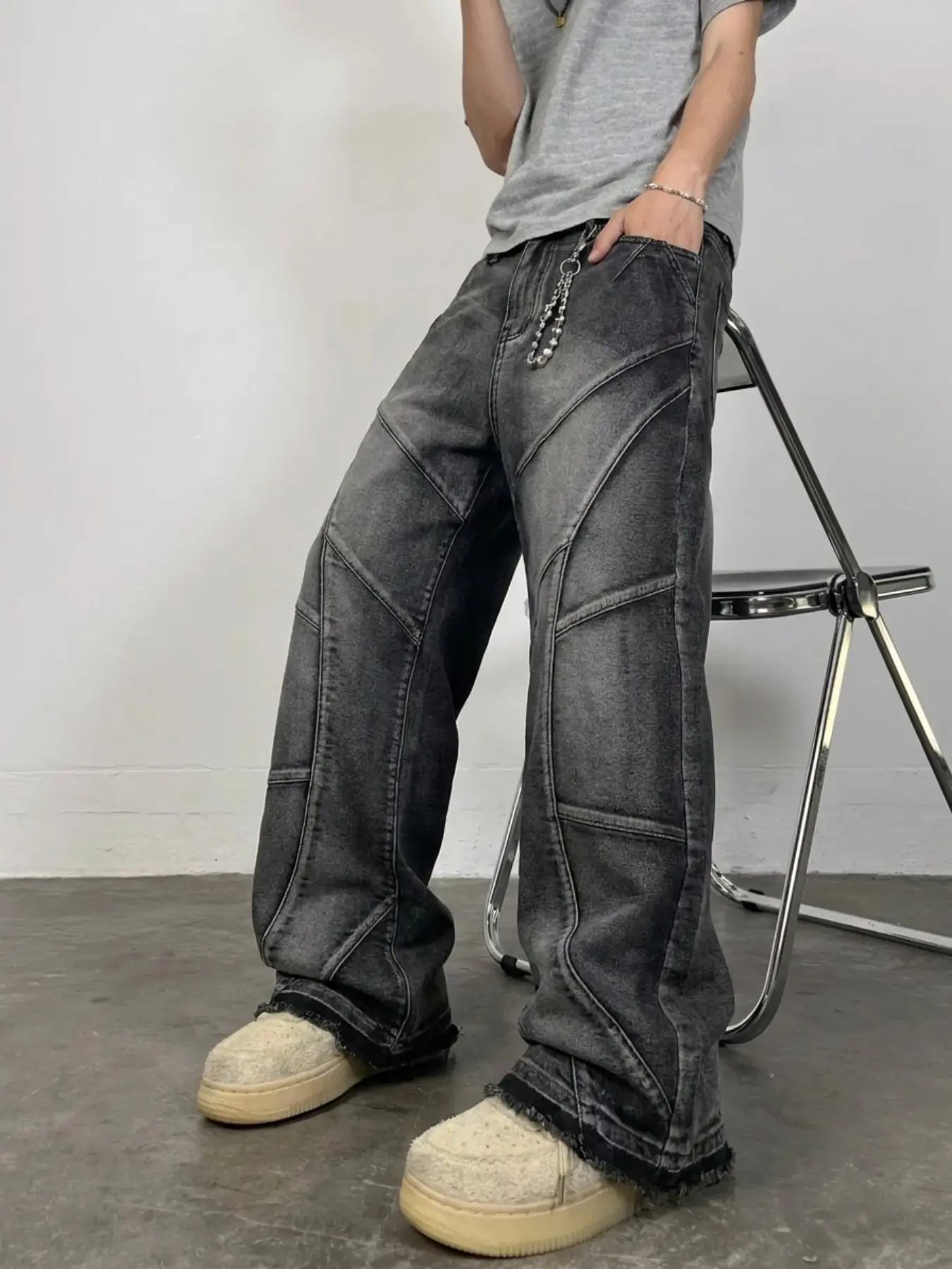 Arcuate Split Wide Leg Jeans, Charcoal Washed Frayed Edge, American High Street Unisex Slimming Long Pants, All-Season Casual Style