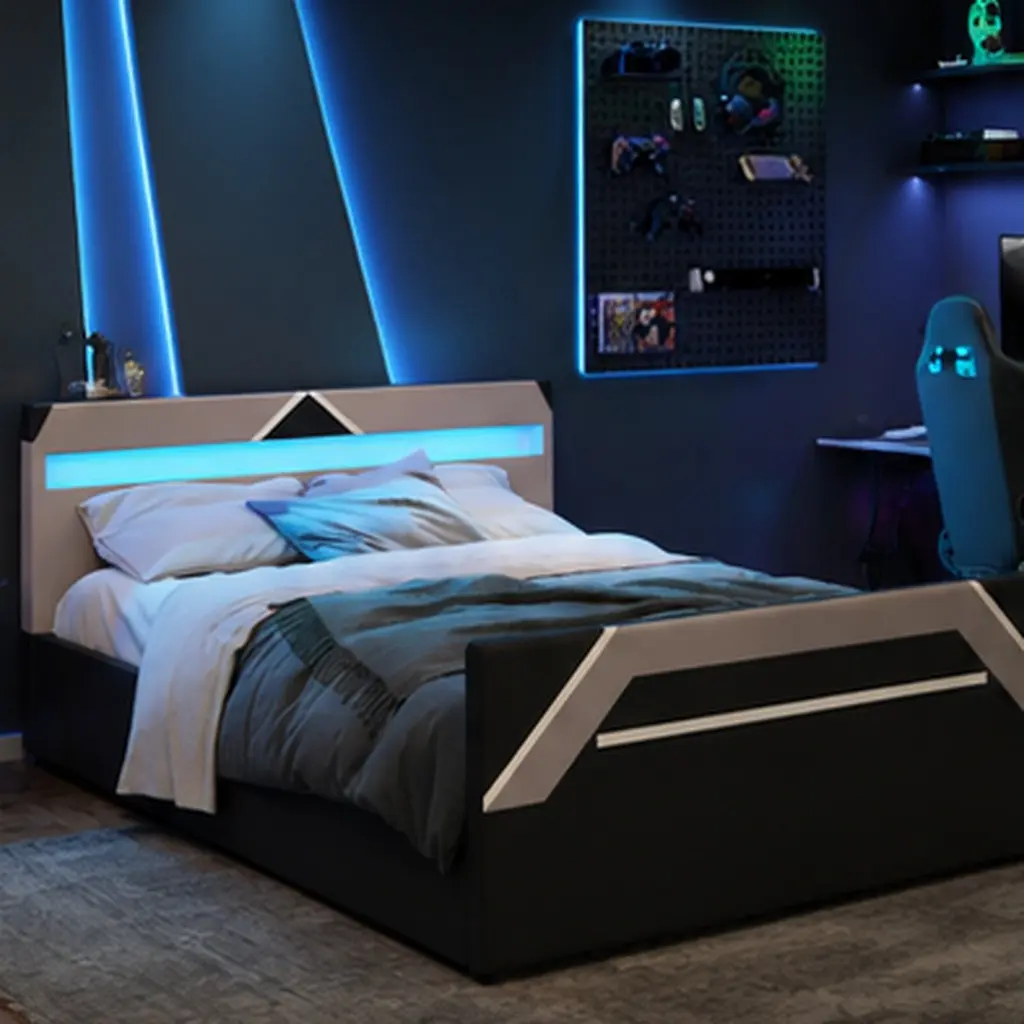 ARCH Queen Size Gaming Bed Frame with 7-Color LED Headboard, Side-Lift Hydraulic Storage Platform Bed, Upholstered Cyberpunk Style, Black+Grey, No Box Spring Needed, Easy Assembly, Queen Size Options, Black+Grey Color Options, Upholstered Material