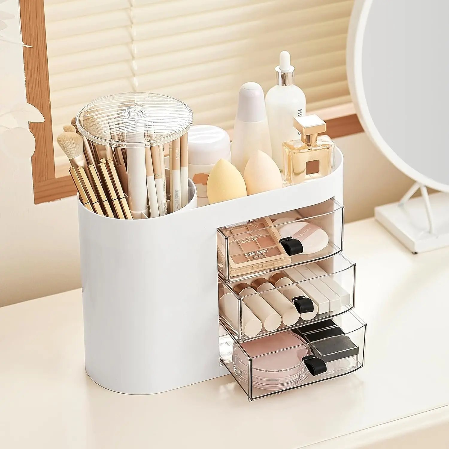 Makeup Organizer with Pop-Up Brush Holder for Dresser , Plastic Bathroom Counter Organizer with 3 Drawers & Dust-Proof Cover,  Display Case for Lipstick, Skincare, White