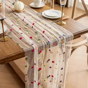 White Floral Table Runner 10FT, Embroidered Daisy Lace Sheer Chiffon Table Runner, Wildflower Tulle Table Decorations for Wedding, Bridal Shower,  Shower, Spring Party, Holiday Dining Table Decor