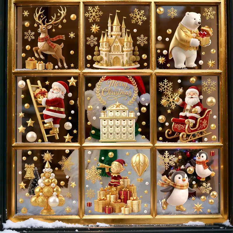 Christmas Festival Decorative Stickers, Static Glass Door Window Decals, Castle Fairy Penguin Reindeer Sleigh, Holiday Decoration