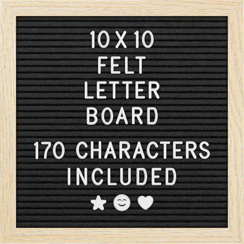 Felt Letter Board - 10x10", Black - 170 Letters, Numbers & Emojis for Celebrations & Announcements - Customizable Message Letterboard w/Wooden Frame for  Decor & Office Use - by